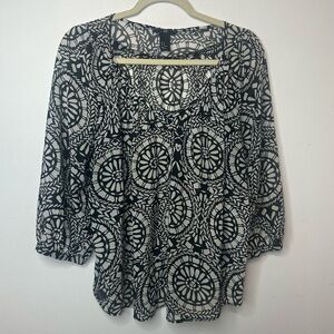 Vintage H&M Womens Casual Round Neck Pattern Black White Blouse Top Size 12